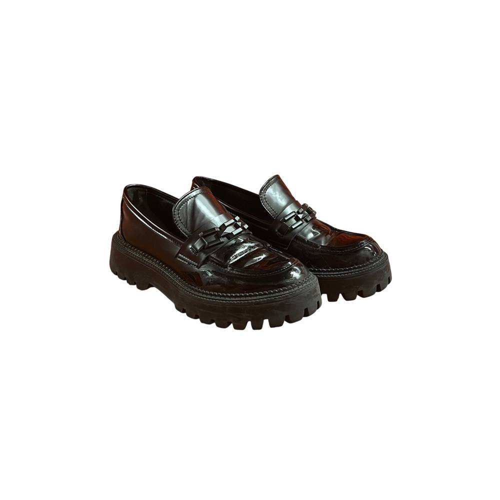 Steve Madden Women’s Brice Black Chunky Lug Sole Loafers with Chain Detail
